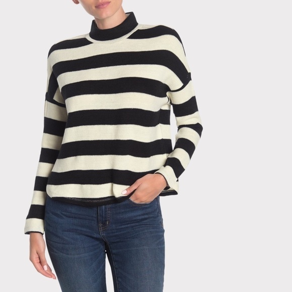 Striped Mock Neck Dolman Sleeve Sweater | Black Ivory Sz XL - Picture 2 of 8